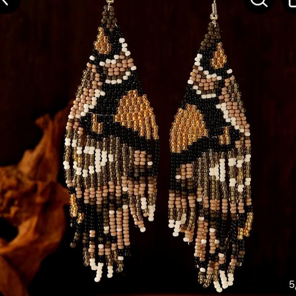 Long Abstract Design Beaded Dangle Earrings Bronze Brown Black White - Picture 1 of 2